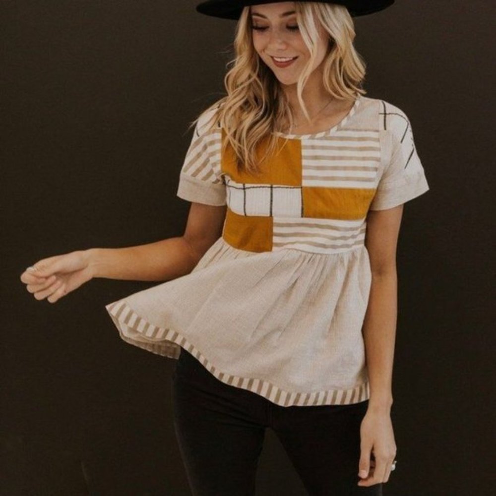 Roolee Sybil Patchwork Babydoll Top Size Large (fits like a Medium) EUC